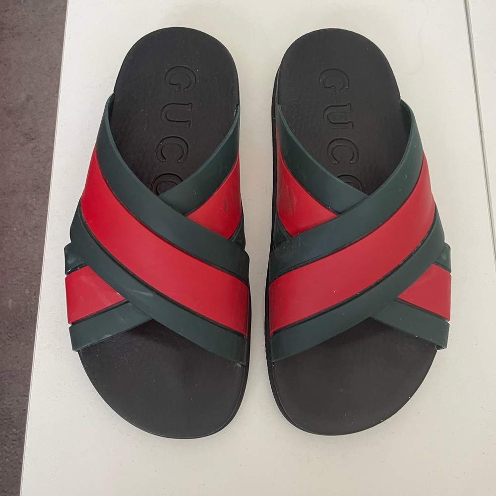 Gucci Black, Red, and Green Crisscross Slides